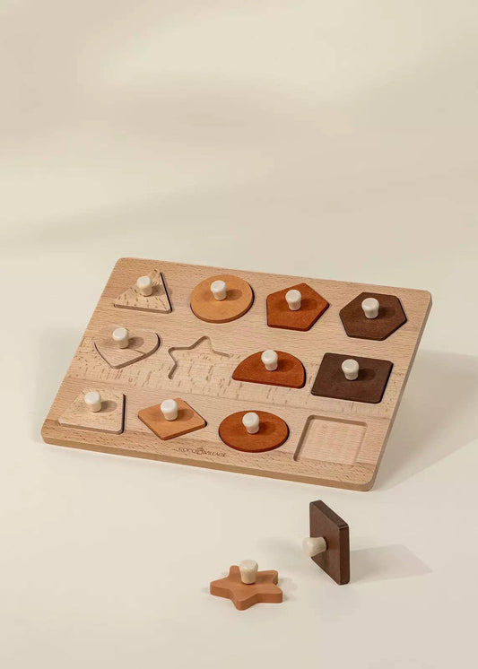 Wooden shapes learning set styled on wood background