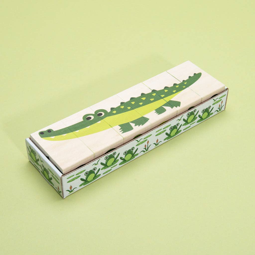 Wooden Animal Puzzle – Swamp Blocks Alligator & Frog – Nature Peg Puzzle Toy – Ages 2+