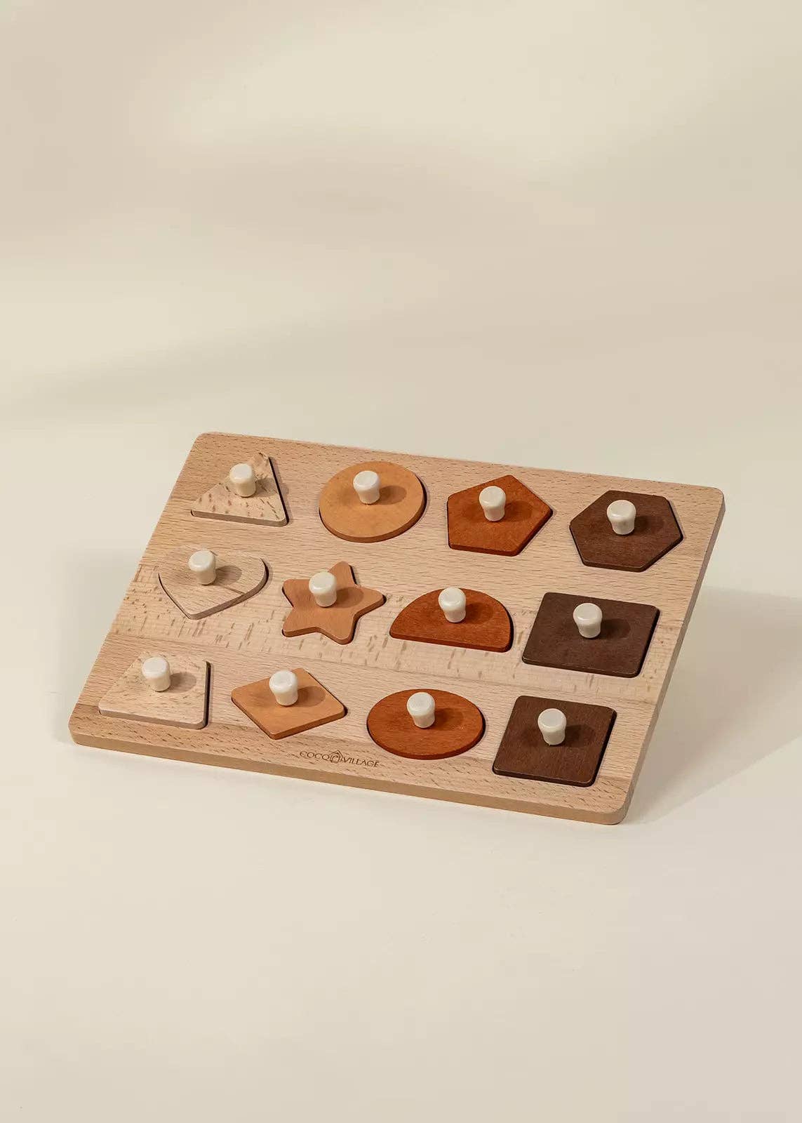Close-up of wooden shapes puzzle piece detail