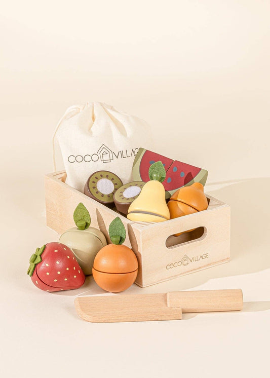 Coco Village wooden fruit play food set – basket with knife and fruits