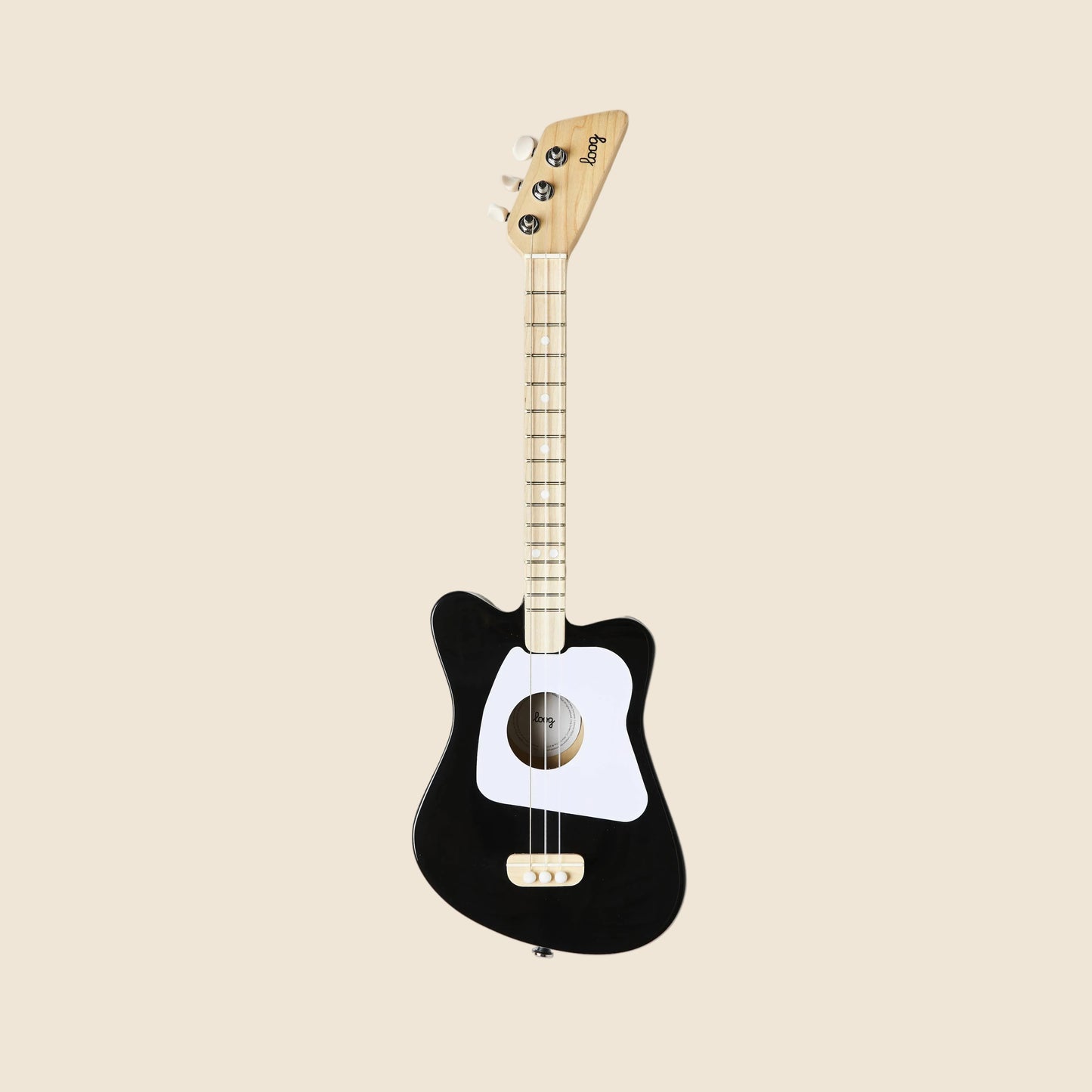 Loog Mini Acoustic Guitar for kids, black 3-string beginner guitar with wooden neck on neutral background