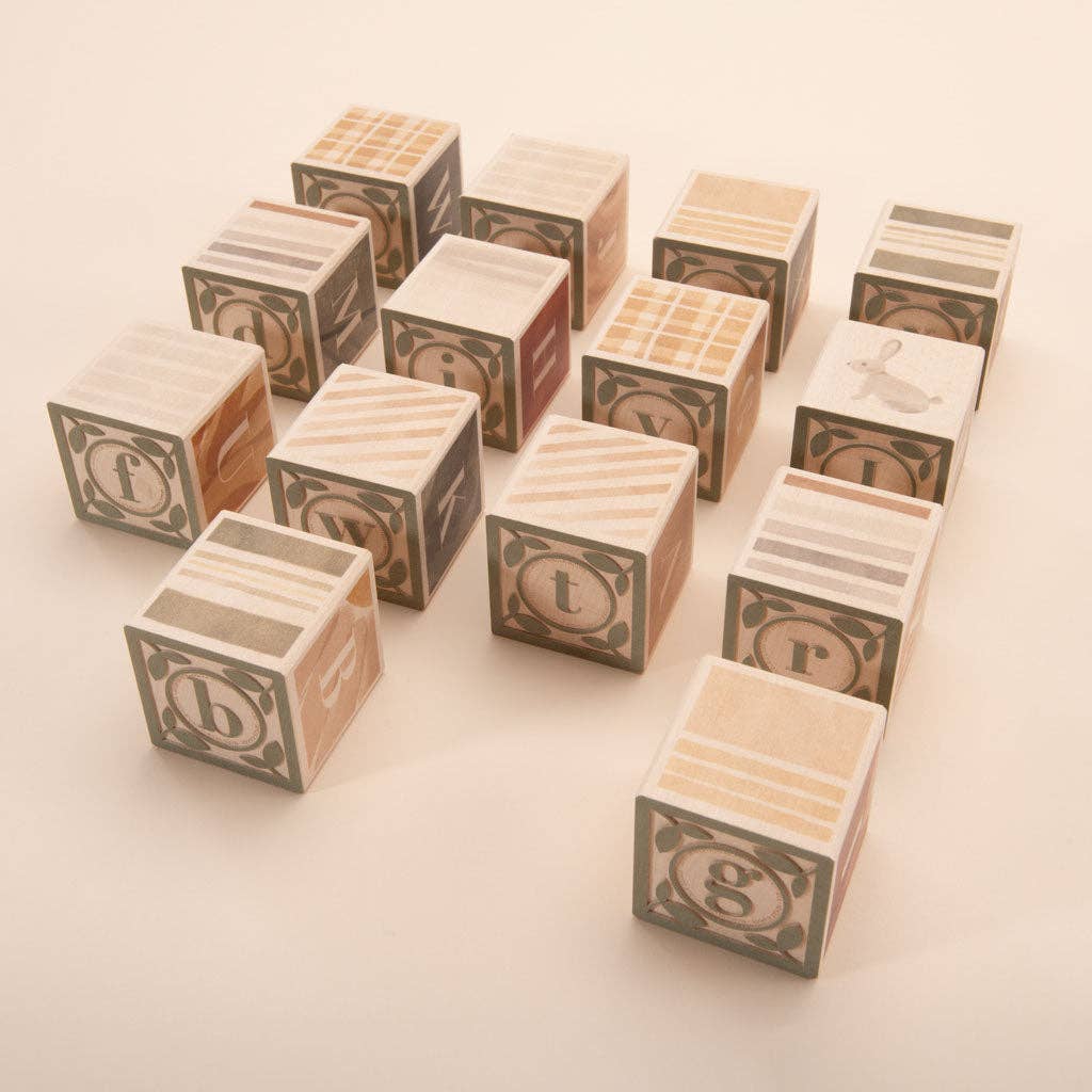 Uncle Goose watercolor alphabet blocks – all blocks laid out on neutral background
