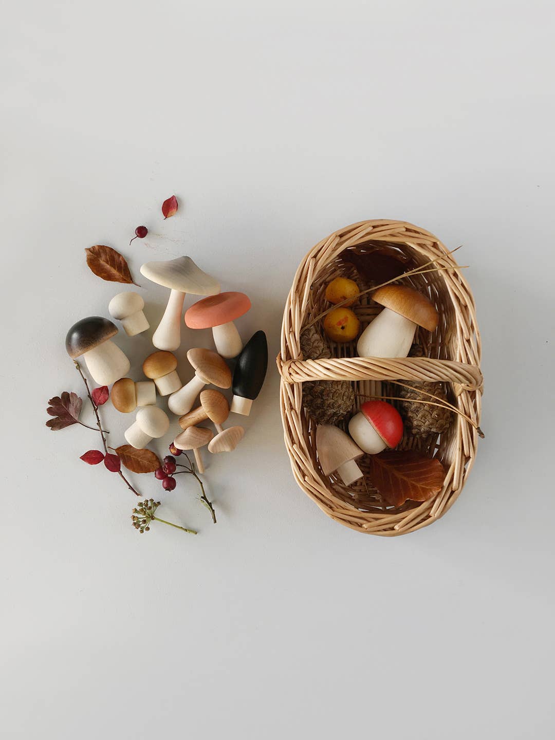 Moon Picnic wooden nature toys — forest mushrooms and bird eggs play sets for children