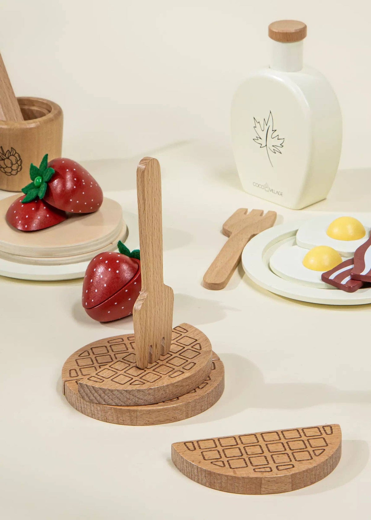 Wooden waffle and pancake pieces close-up