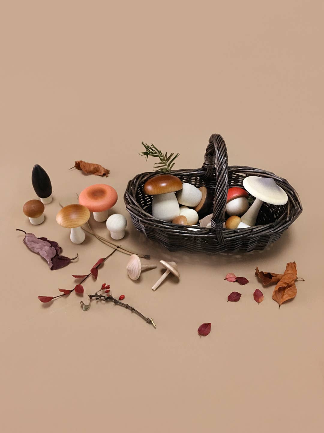 Wooden Mushroom Play Food Set – Moon Picnic Forest Mushrooms Basket – Waldorf Pretend Play Toy – Ages 3+