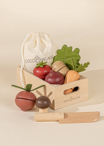 Wooden Vegetables Playset – Sliceable Pretend Play Food & Knife