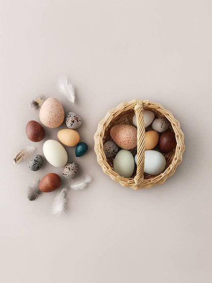 Moon Picnic wooden bird eggs play set – 12 hand-painted eggs in rattan basket