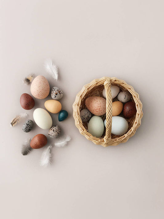 Moon Picnic A Dozen Bird Eggs in a Basket Wooden Sensory and Nature Toy