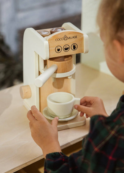 Wooden coffee maker set with pods, cups, and spoon - ages 3 and up