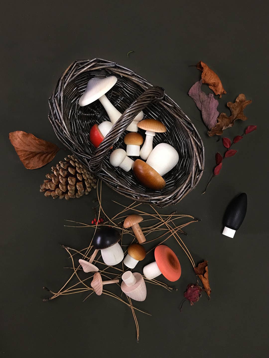 Wooden Mushroom Play Food Set – Moon Picnic Forest Mushrooms Basket – Waldorf Pretend Play Toy – Ages 3+