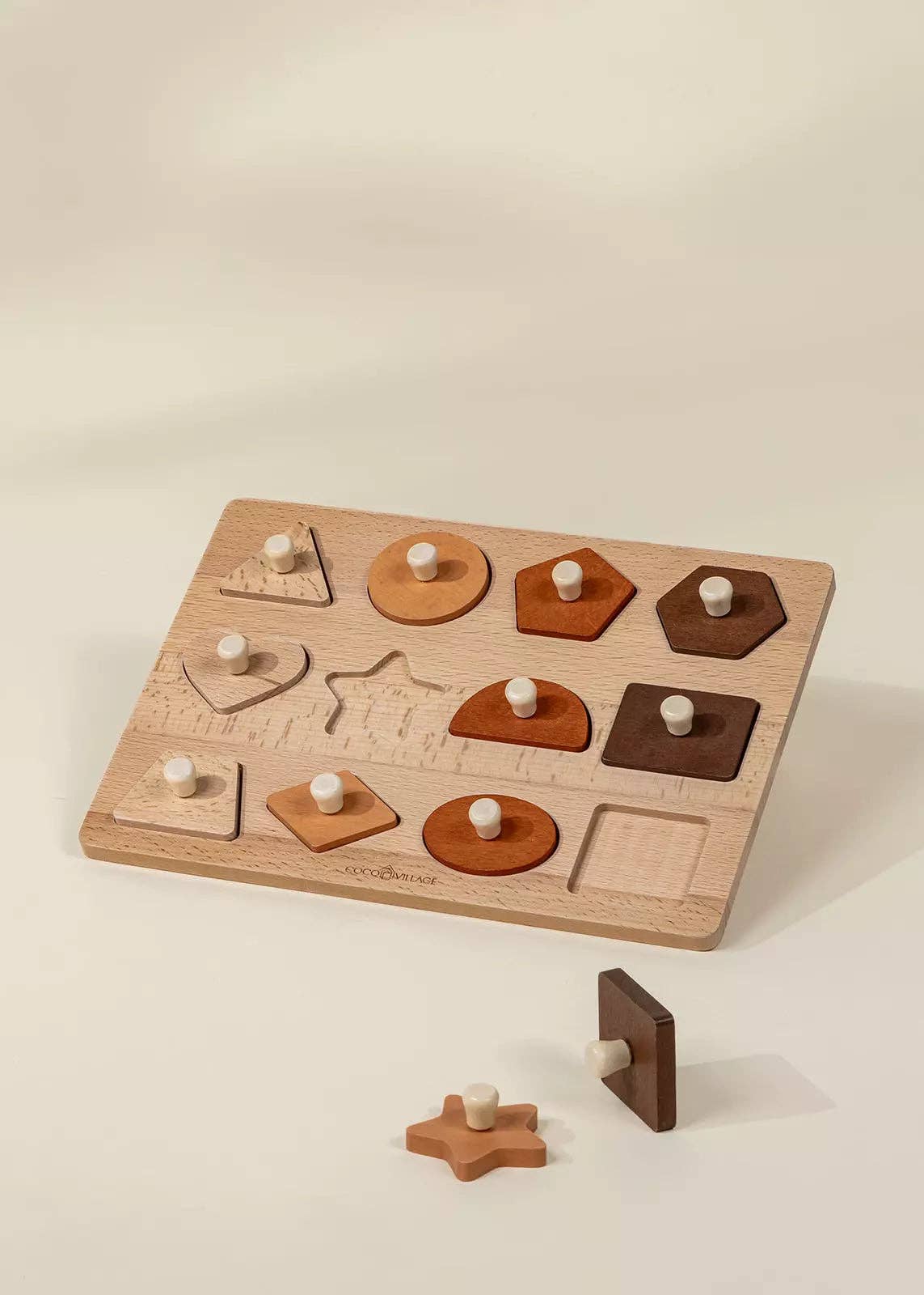 Wooden shapes learning set styled on wood background