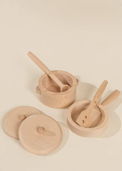 Wooden Pots & Pans Playset for Kids (6 Pieces) | Pretend Kitchen Toy