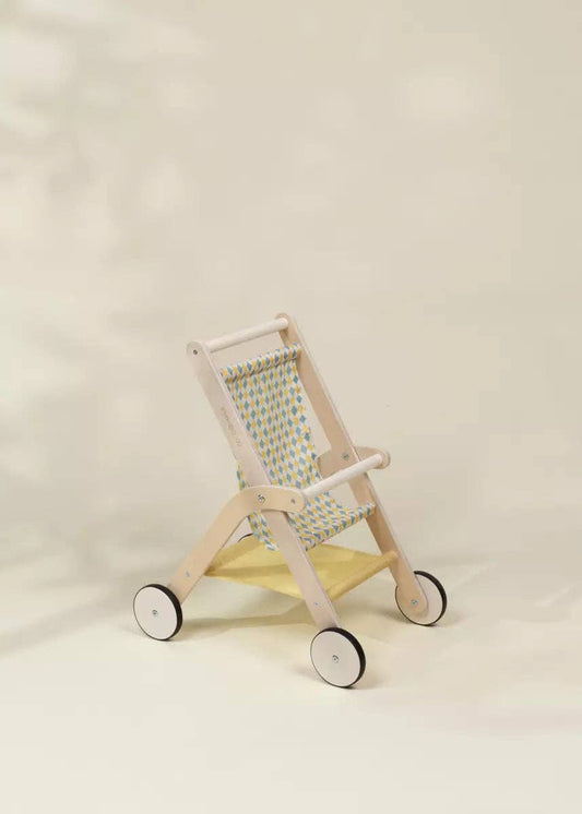 Wooden doll stroller with woven basket on white background