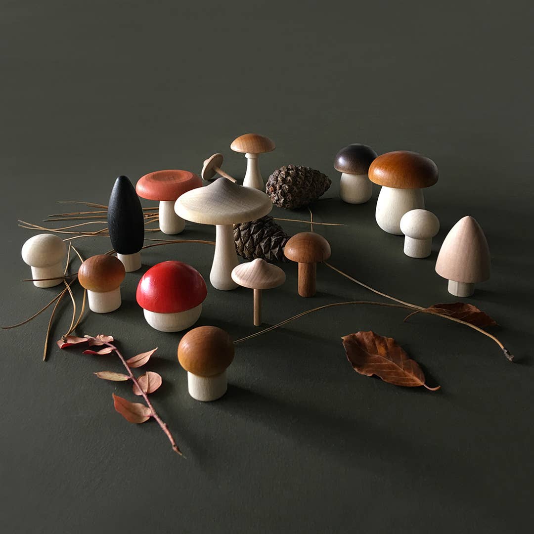 Wooden Mushroom Play Food Set – Moon Picnic Forest Mushrooms Basket – Waldorf Pretend Play Toy – Ages 3+