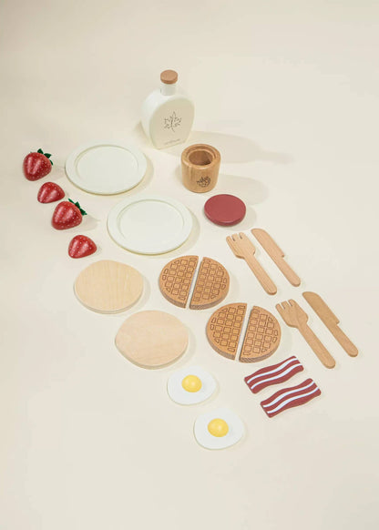 Wooden brunch playset pieces styled for pretend play