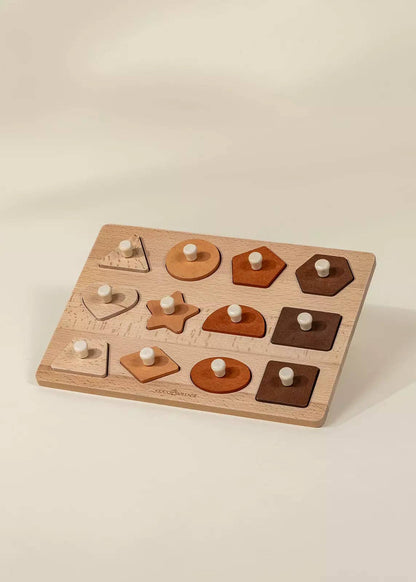 Close-up of wooden shapes puzzle piece detail