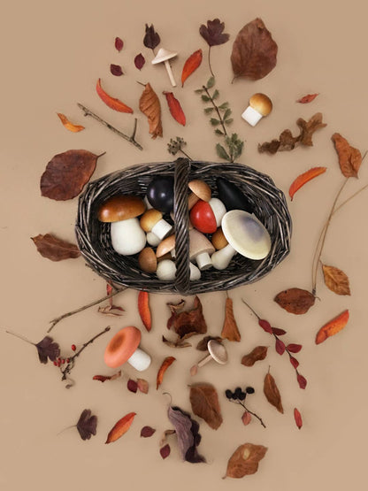Wooden Mushroom Play Food Set – Moon Picnic Forest Mushrooms Basket – Waldorf Pretend Play Toy – Ages 3+