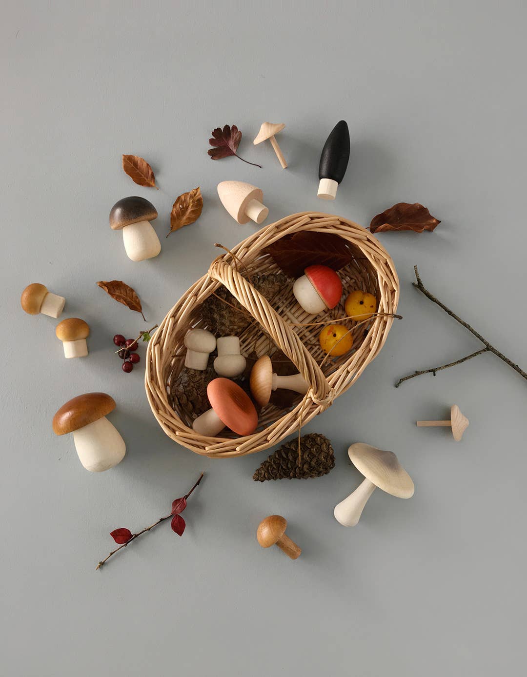 Wooden Mushroom Play Food Set – Moon Picnic Forest Mushrooms Basket – Waldorf Pretend Play Toy – Ages 3+