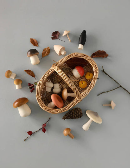 Wooden Mushroom Play Food Set – Moon Picnic Forest Mushrooms Basket – Waldorf Pretend Play Toy – Ages 3+
