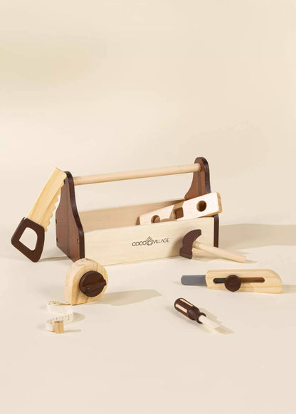 Wooden tool playset with hammer, saw, and screwdriver in a wooden toolbox