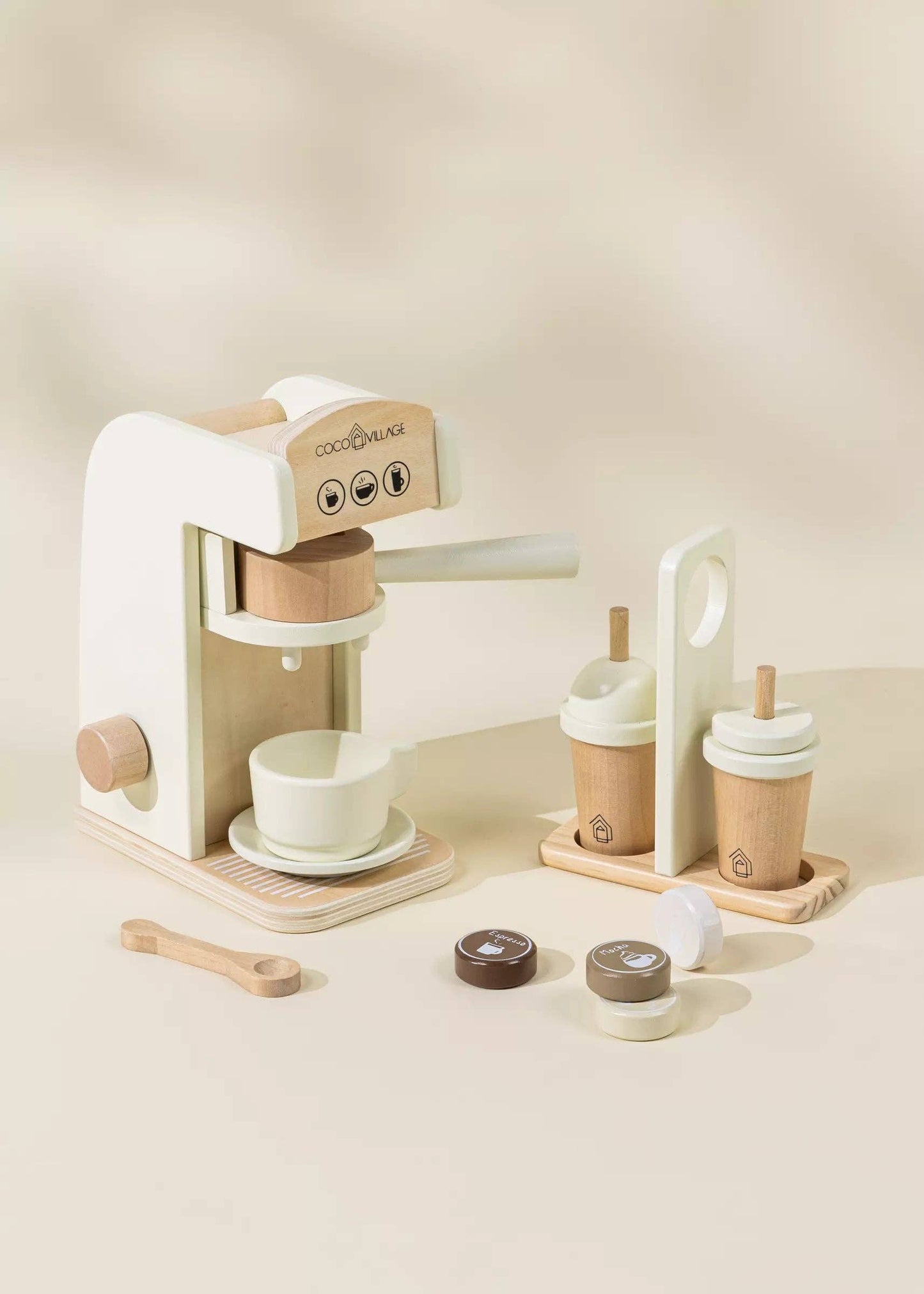 Wooden coffee maker pretend play set with barista accessories