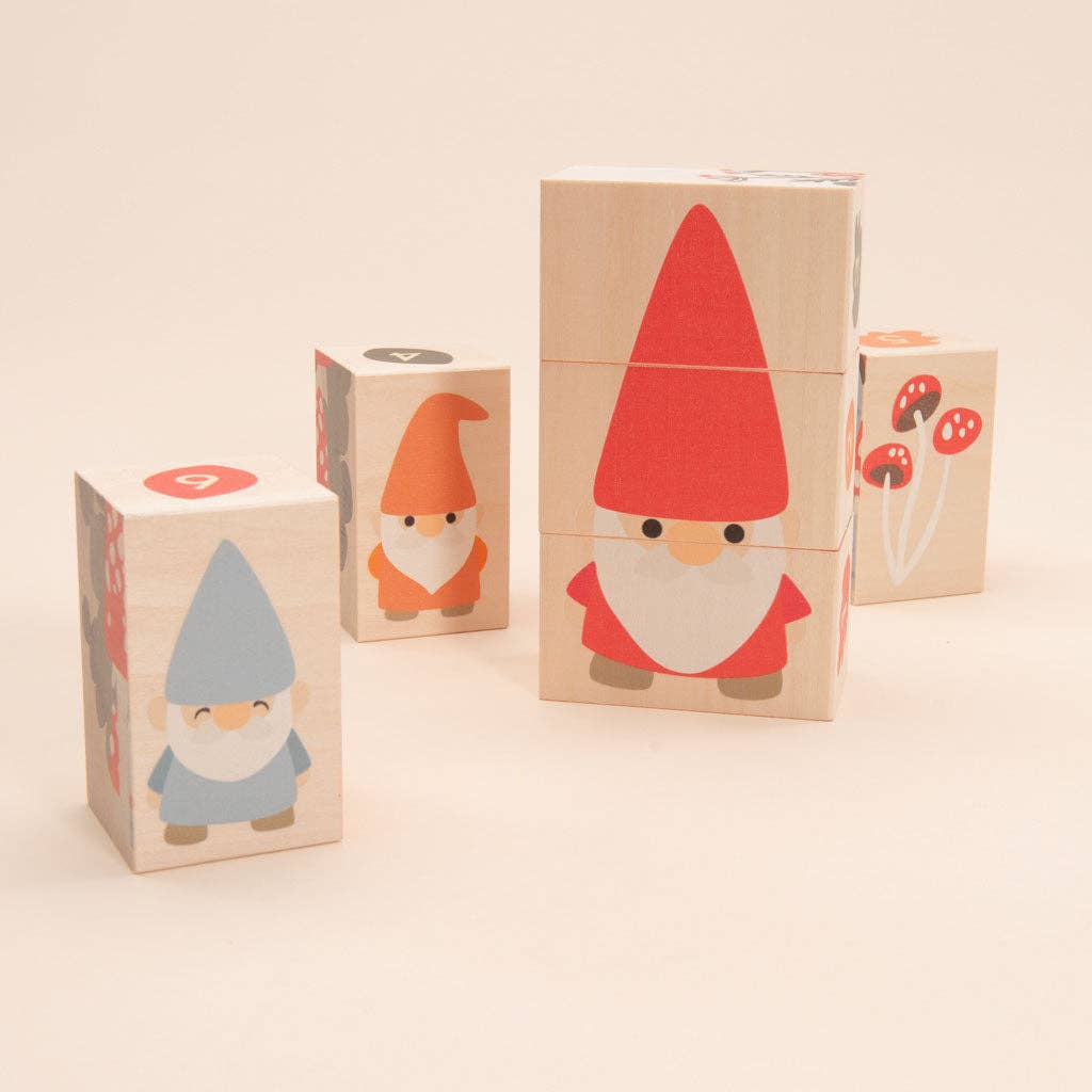 Wooden Gnome Puzzle Blocks – Magic Forest Building Set – Waldorf Imaginative Toy – Ages 3+