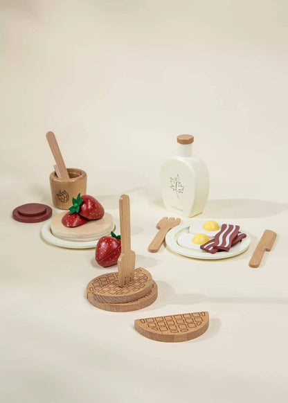 Wooden brunch playset with pretend food pieces on white background