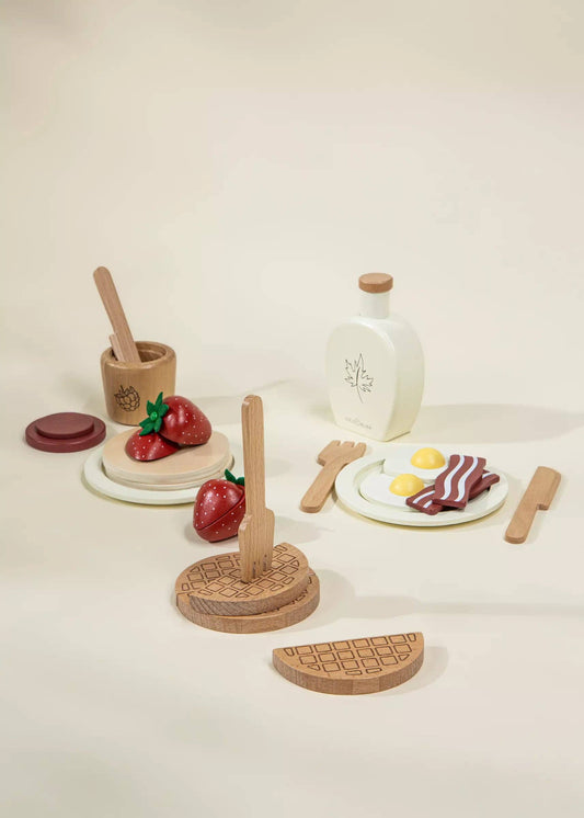 Wooden brunch playset with pretend food pieces on white background