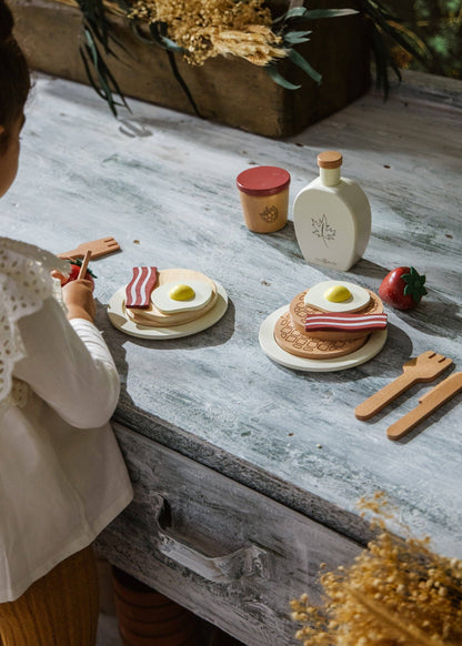 Wooden play plates, fork, and knife from brunch set