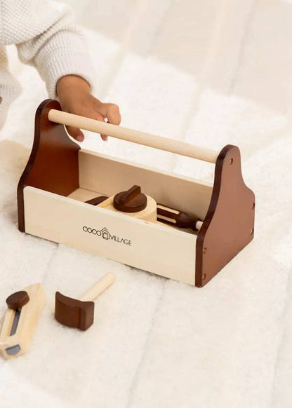 Full wooden tool playset displayed on wood background
