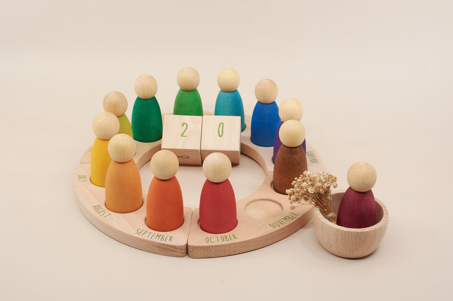Wooden Rainbow Perpetual Calendar with Peg Figures