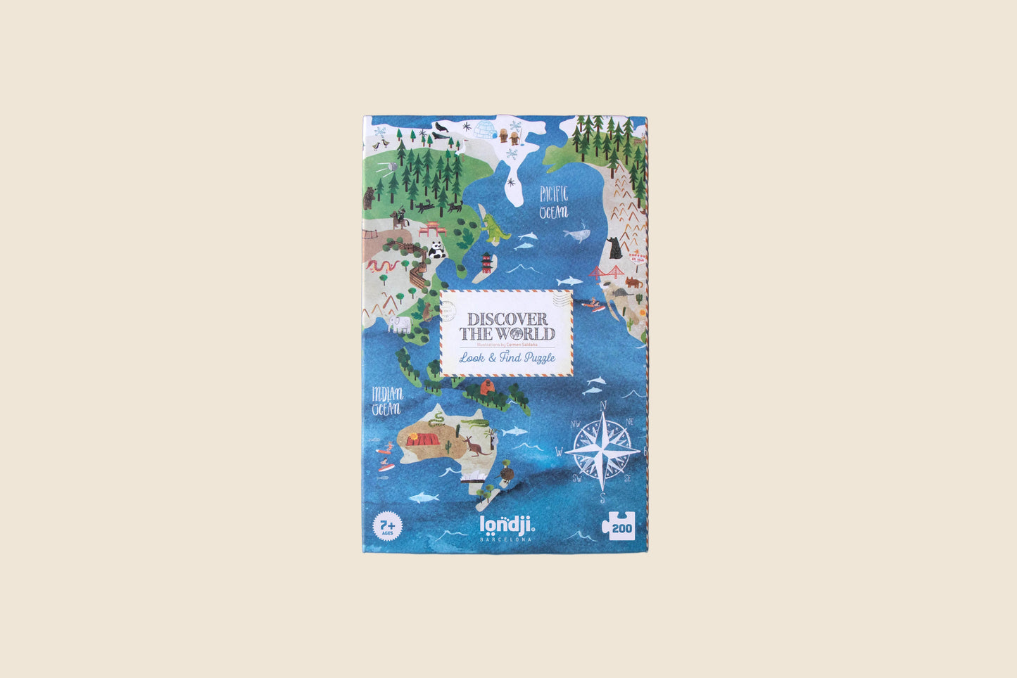 Jigsaw puzzle box with world map design on a blue background