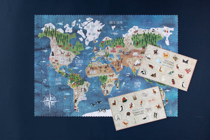 World map puzzle with animal illustrations on a dark blue background