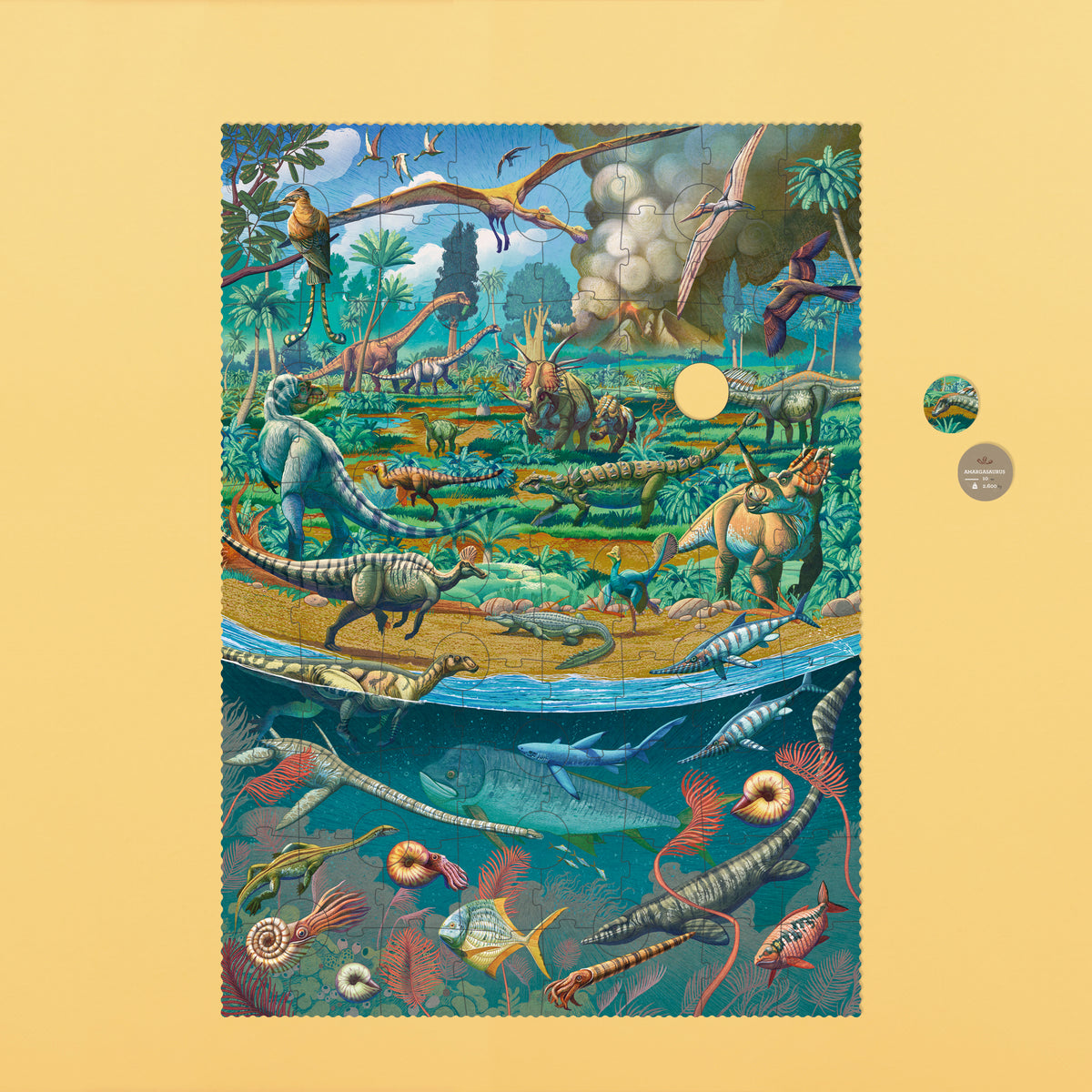 Illustration of a prehistoric scene with dinosaurs and marine life on a beige background