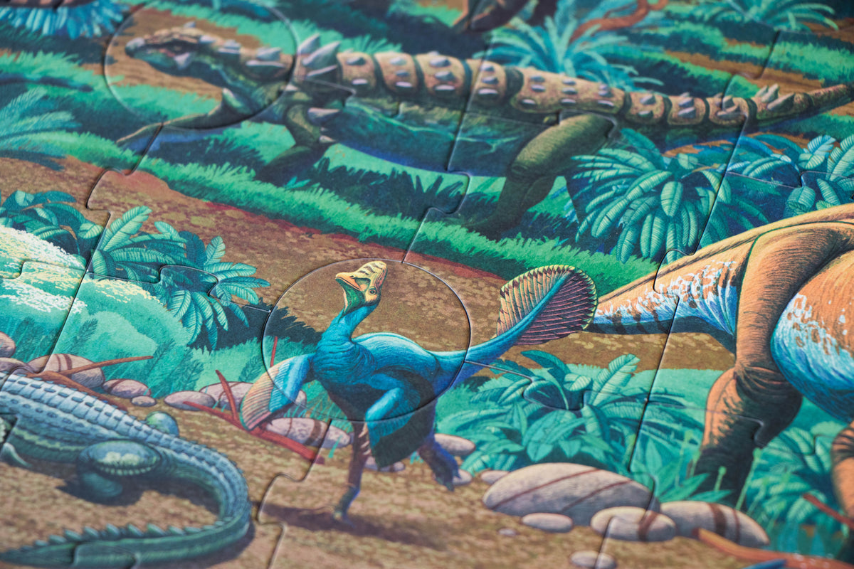 Dinosaur puzzle with completed pieces in a prehistoric landscape