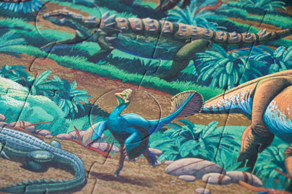 Dinosaur puzzle with completed pieces in a prehistoric landscape