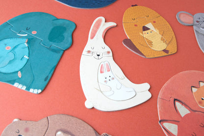 Cartoon animal stickers on a red background