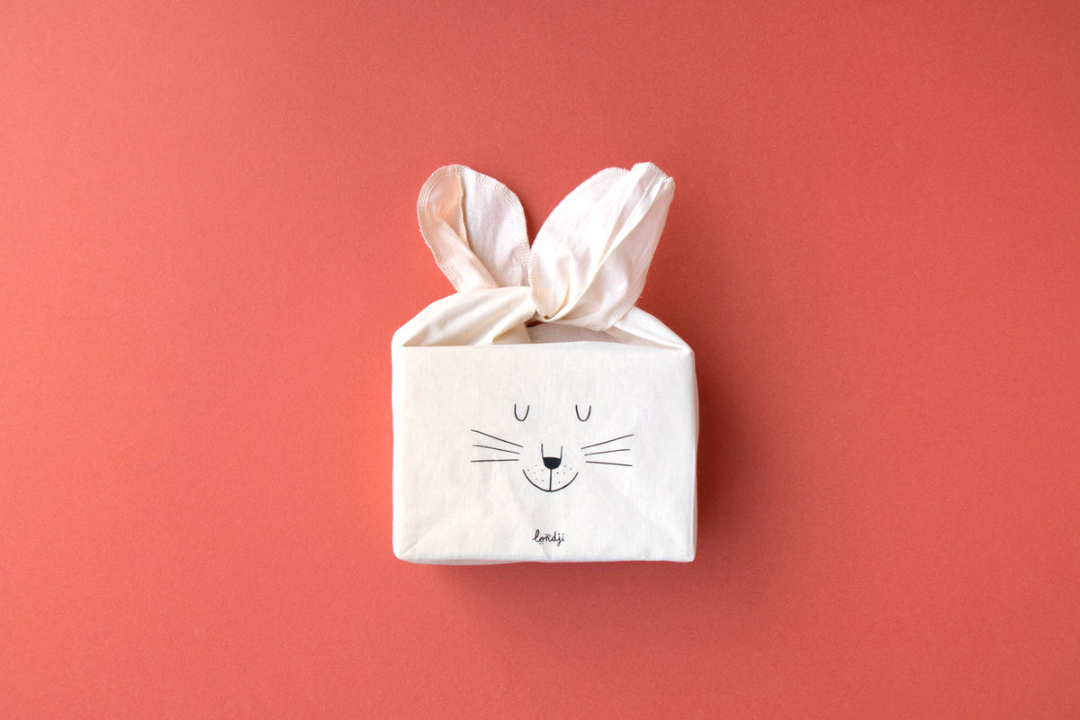 Tissue box with rabbit design on a red background