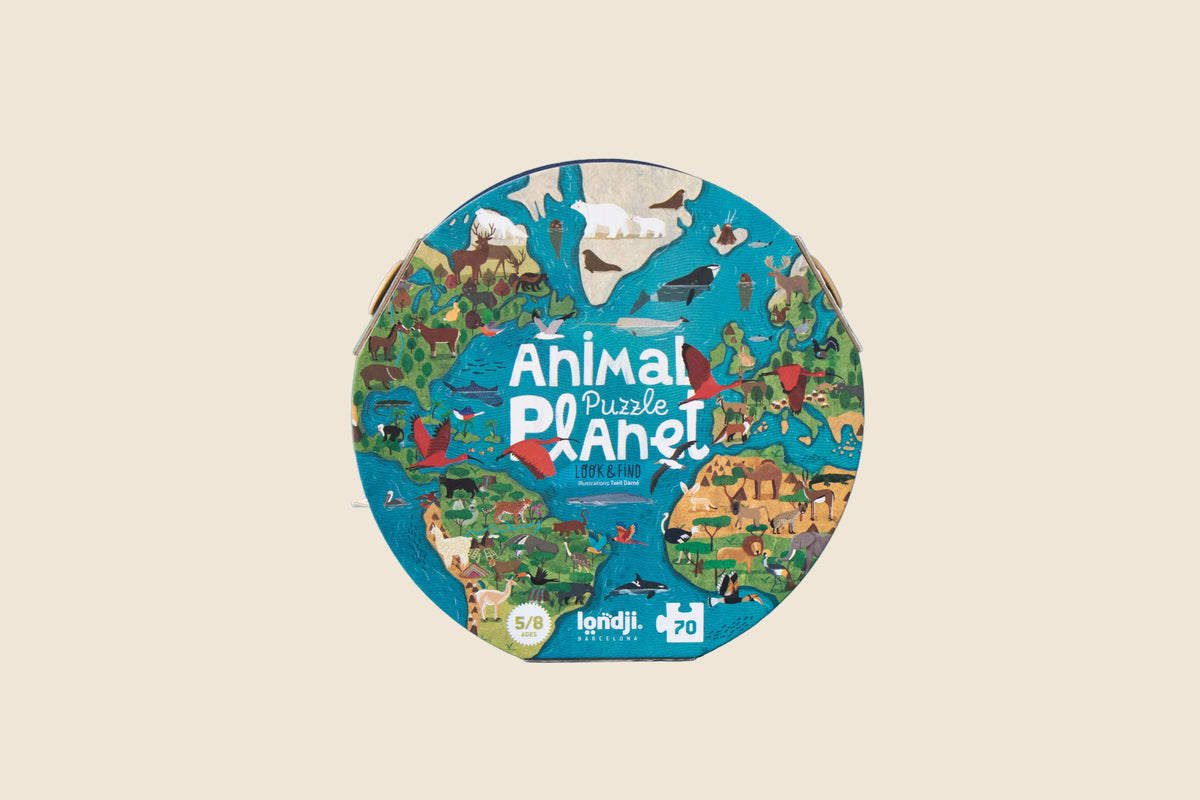 Londji Animal Planet round jigsaw puzzle box with illustrated continents and animals on a blue background