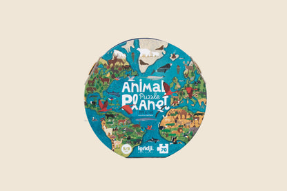Londji Animal Planet round jigsaw puzzle box with illustrated continents and animals on a blue background