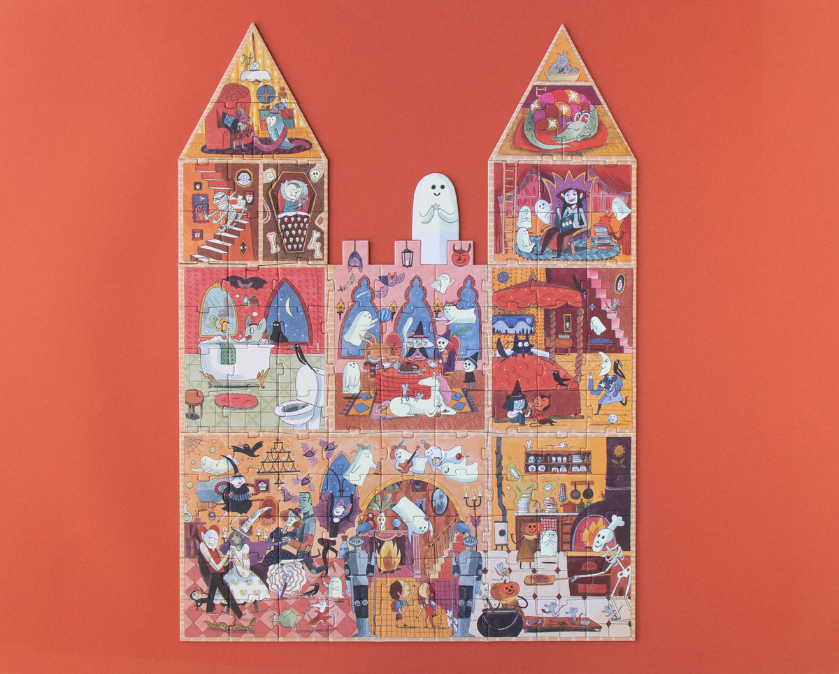 Illustration of a haunted house with ghostly figures on a red background