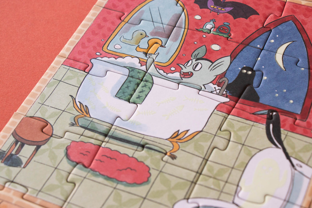 Cartoon character in a bathtub with a puzzle piece featuring a cat and moon.
