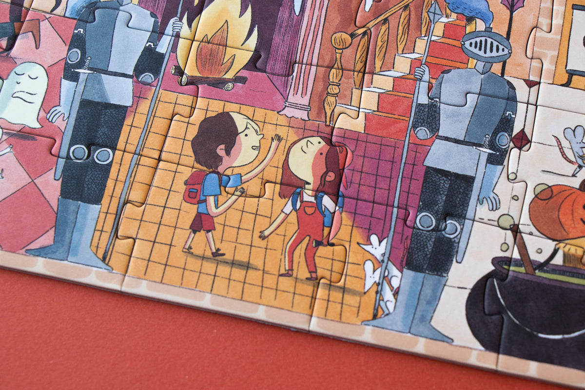 Children's puzzle with cartoon characters and knights on a red surface