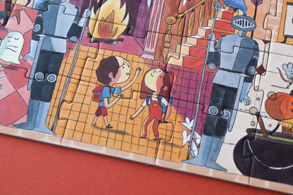 Children's puzzle with cartoon characters and knights on a red surface