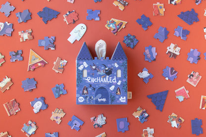 Enchanted puzzle box surrounded by assorted puzzle pieces on a red background