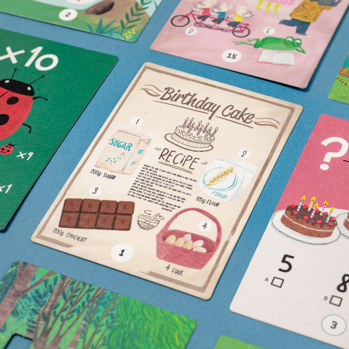 Educational card game with a 'Birthday Cake Recipe' card on a blue surface