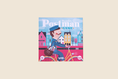 Londji Postman family board game box with a postman-on-a-bicycle illustration on a beige background