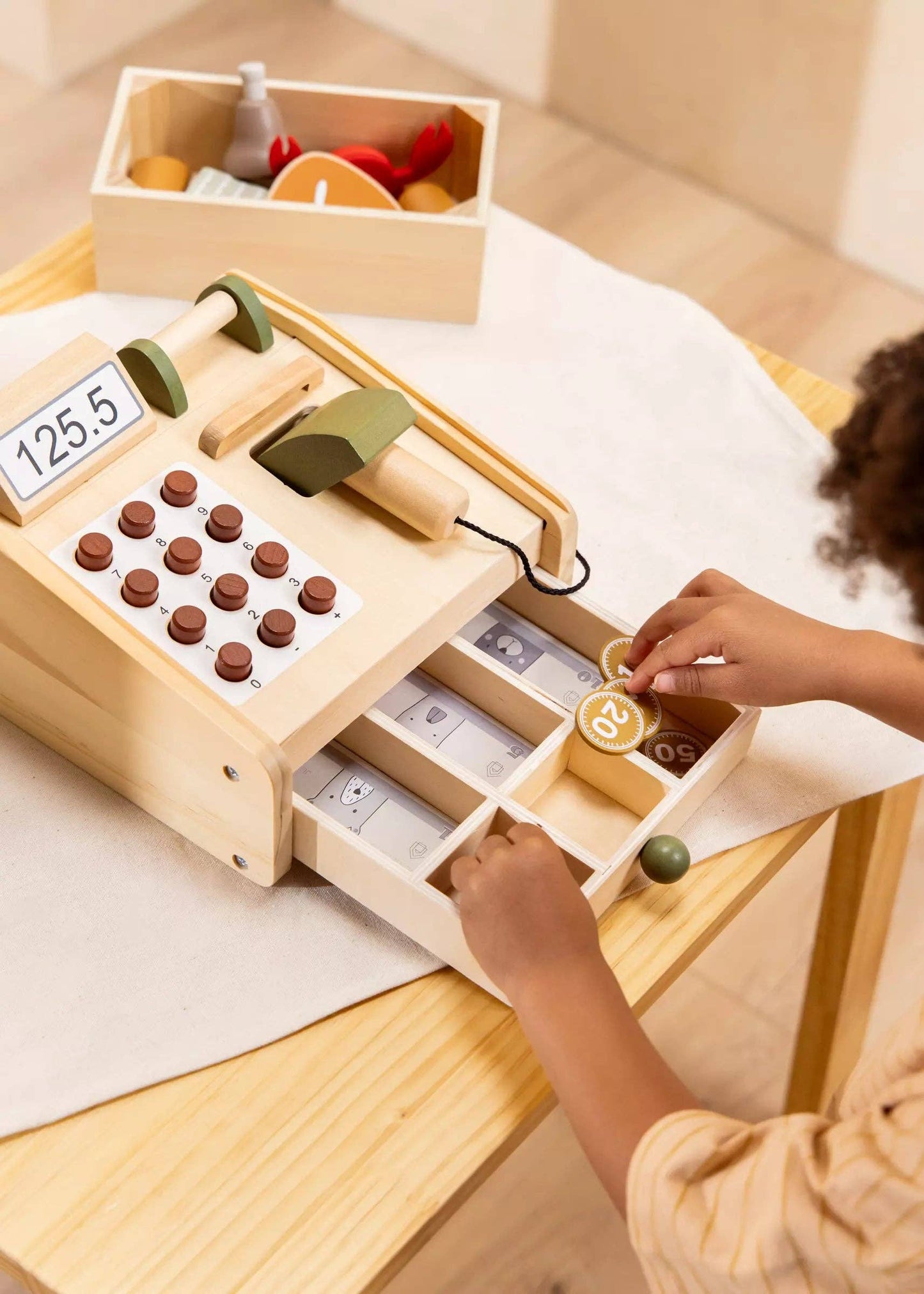 Wooden Toy Cash Register – Pretend Play Grocery Store Set – Montessori Shopping Toy – Ages 3+