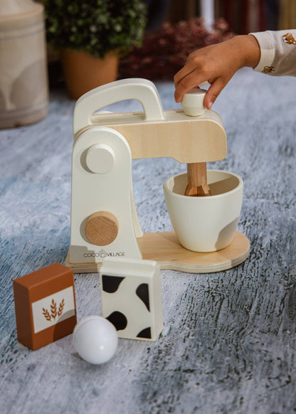 Wooden stand mixer shown from front angle