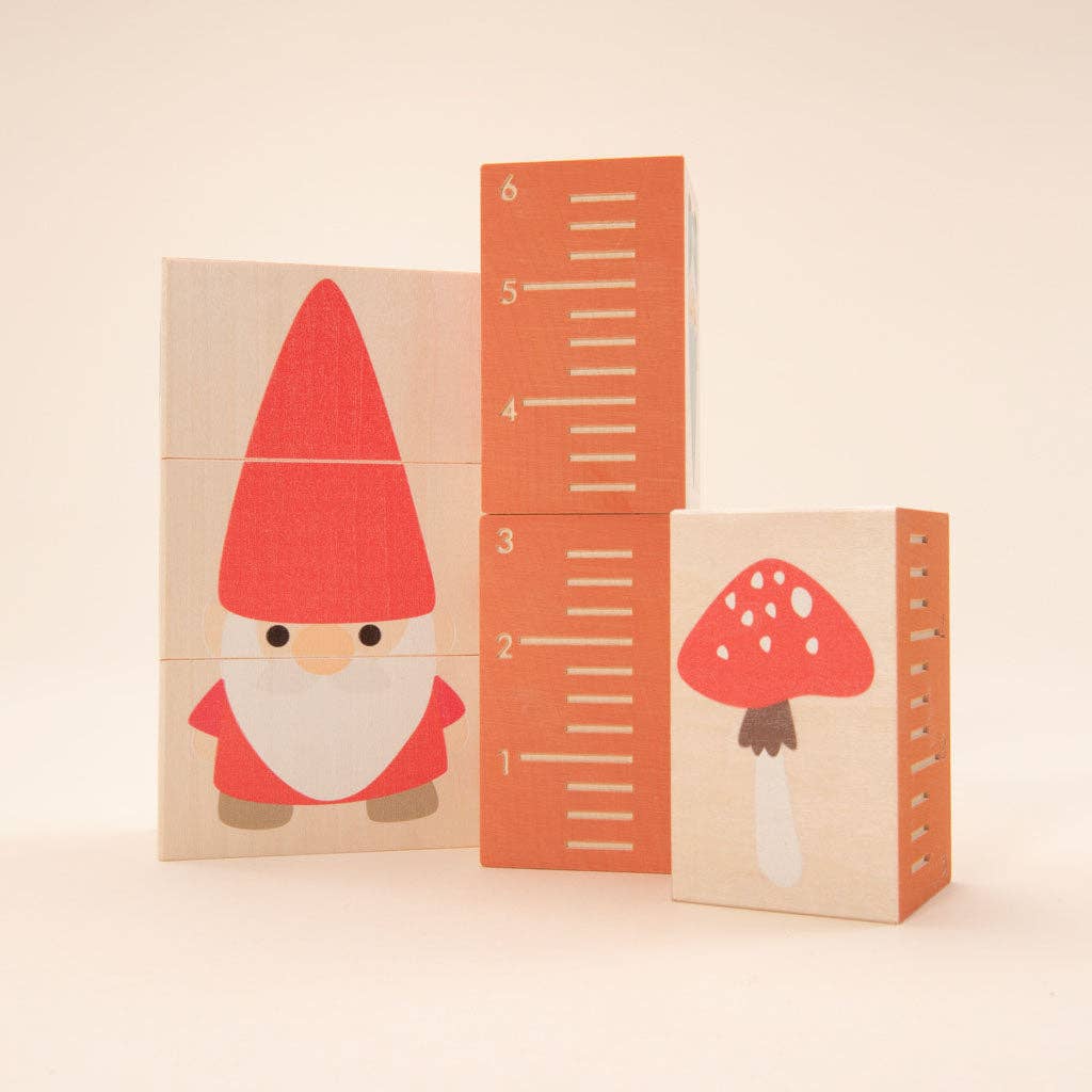 Wooden Gnome Puzzle Blocks – Magic Forest Building Set – Waldorf Imaginative Toy – Ages 3+